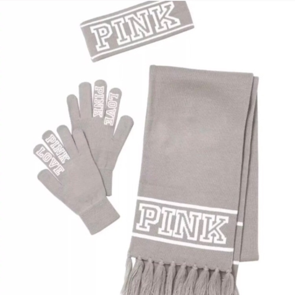 PINK Grey Scarf with Headband & Gloves NEW